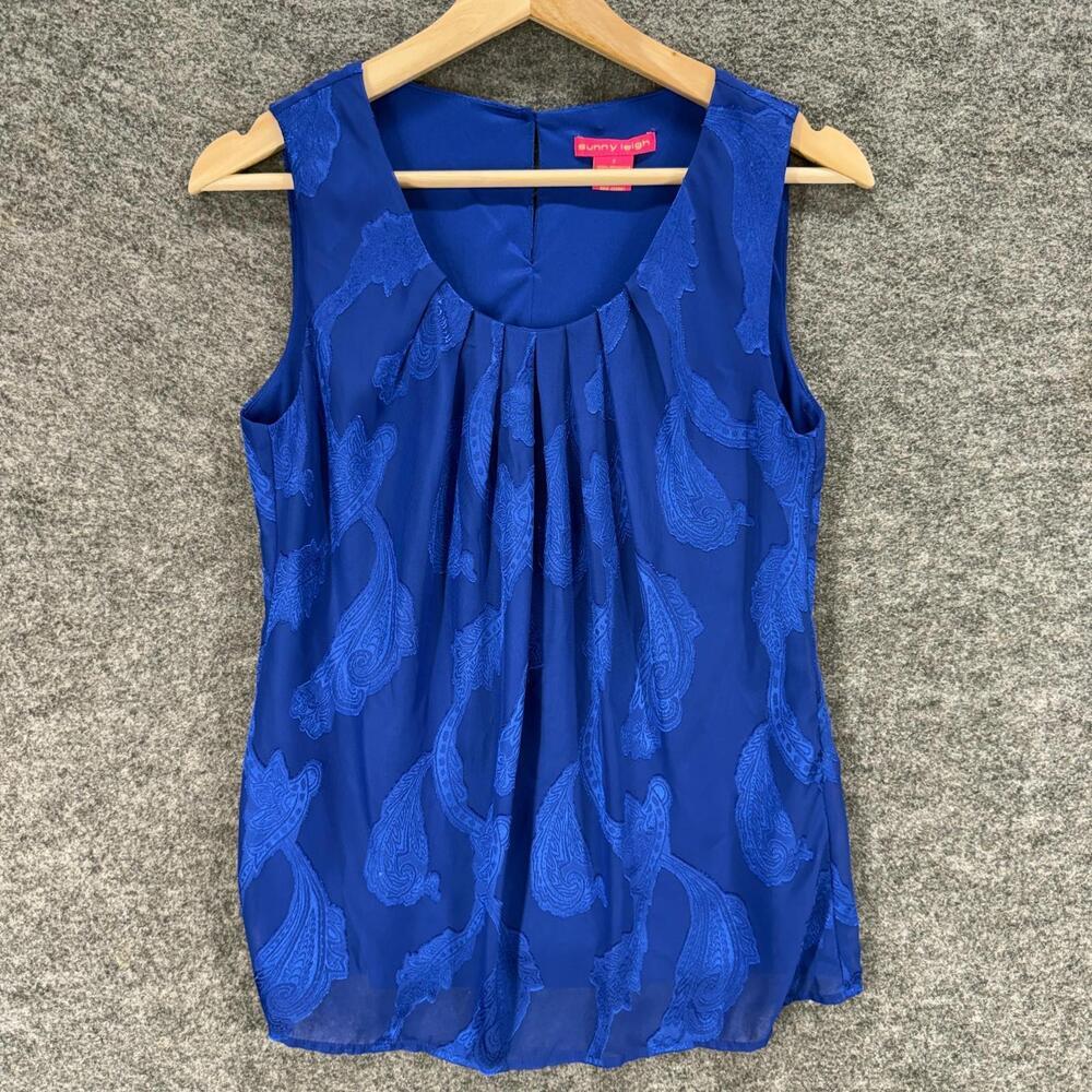 Sunny Leigh Blouse Women S Small Blue Paisley Sleeveless Lined Wide Strap Casual